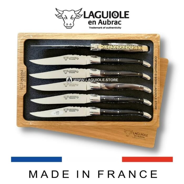 laguiole steak knives set of 6 buffalo horn double plates chiselled
