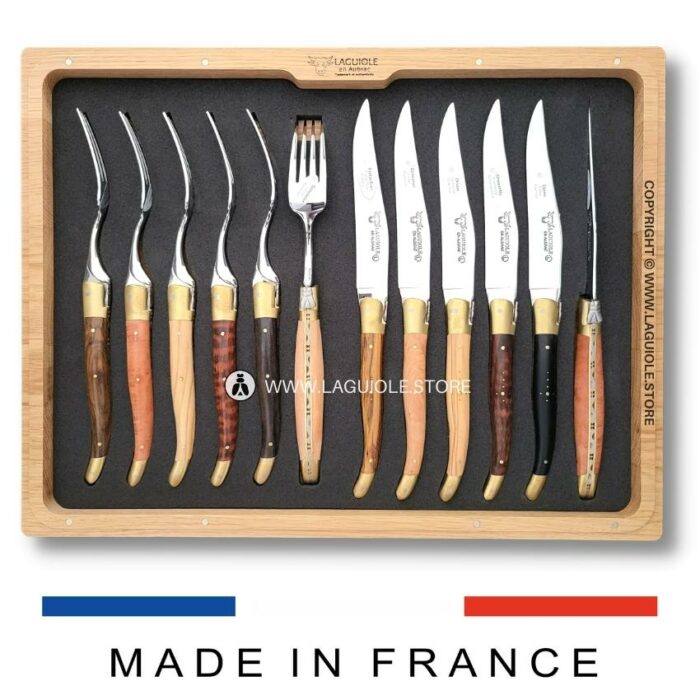 laguiole cutlery set 6 mixed wood 12 piece brass bolsters