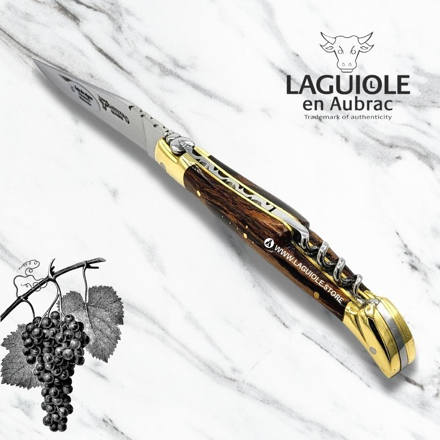 laguiole folding knife, vinestock, 12 cm with corkscrew. forged bee brass bolsters