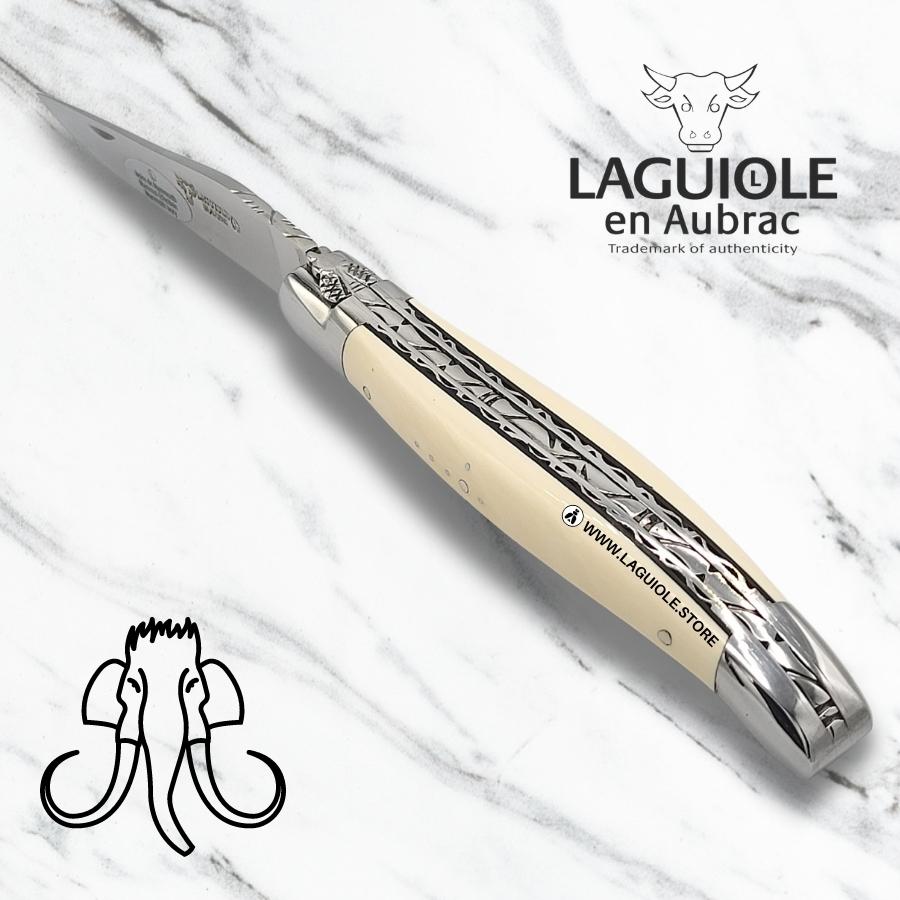 laguiole knife double plate chiseled, mammoth ivory handle shiny finish