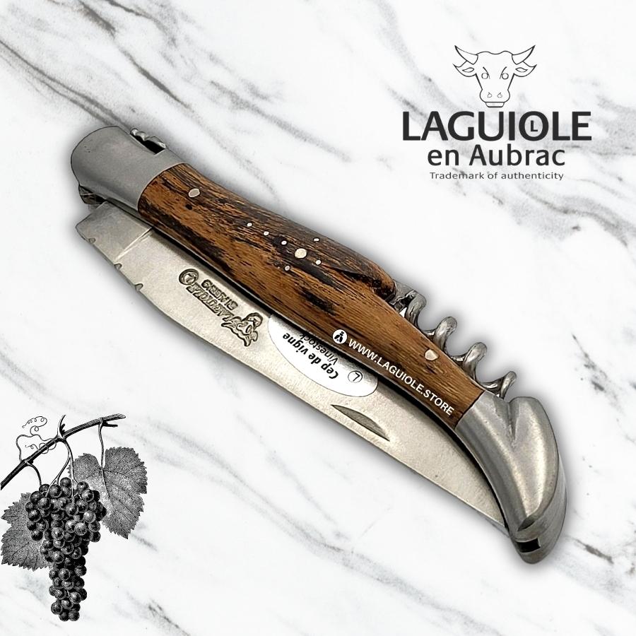 laguiole knife with corkscrew, vinestock handle, 12cm satin finish