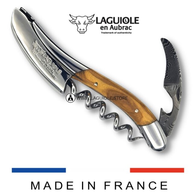 high end laguiole corkscrew olivewood with damascus blade