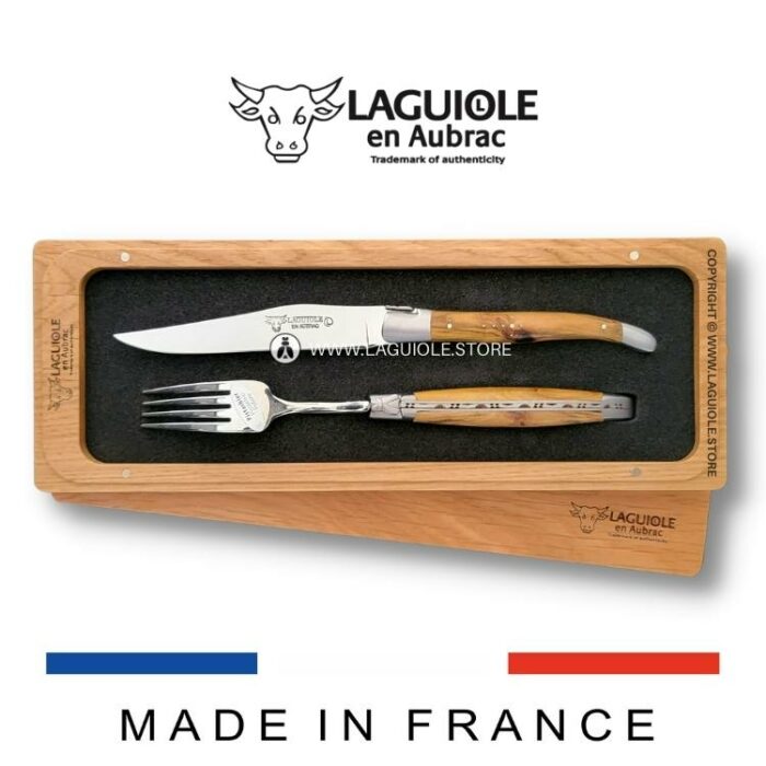 set of 1 laguiole table knife and 1 fork pistachio wood