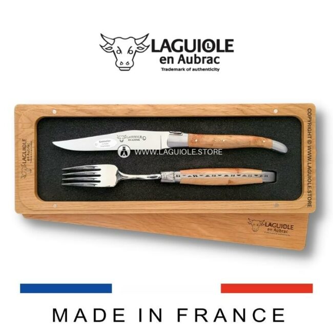 set of 1 laguiole table knife and 1 fork juniper wood