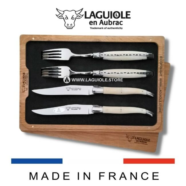 set of 2 laguiole table knives and 2 forks cattle bone