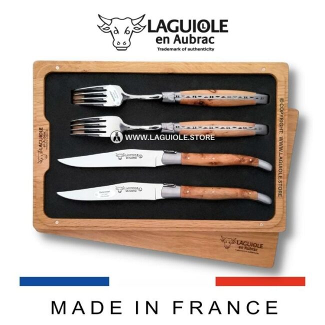 set of 2 laguiole table knives and 2 forks juniper wood