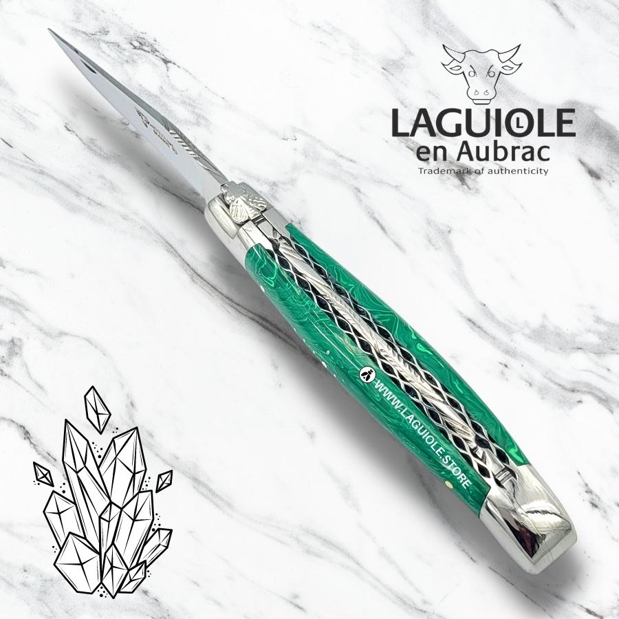 laguiole knife with double chiseled plates malachite stone handle