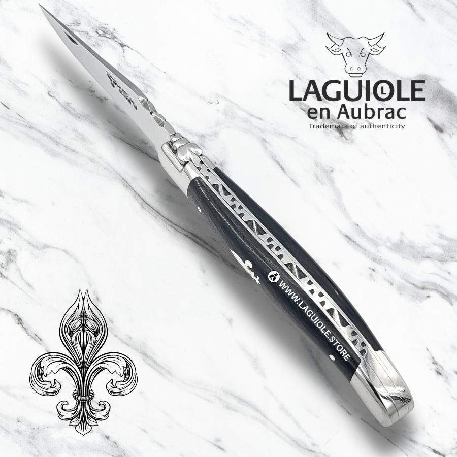 laguiole knife with 'fleur de lys' marquetry in ebony wood handle