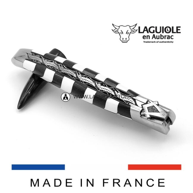 laguiole prestige 'freemason' knife checkerboard marquetry in ebony and ivory handle