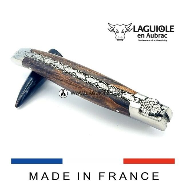 laguiole prestige knife with 'bunch of grapes' in vine stock wood handle