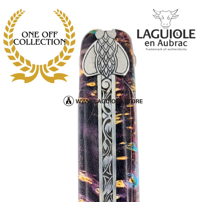 indigo forest: laguiole pocket knife in violet and brown elder burl – full handle – sculpted bee