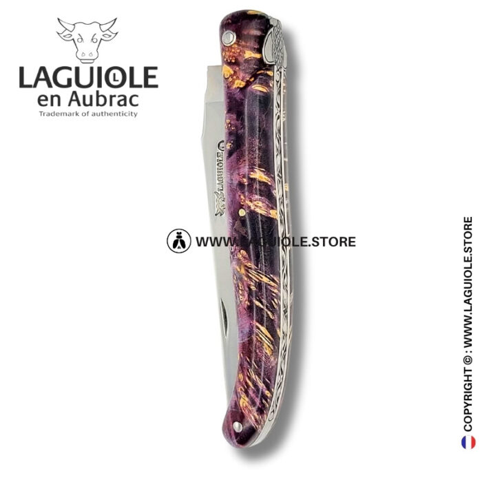 indigo forest: laguiole pocket knife in violet and brown elder burl – full handle – sculpted bee