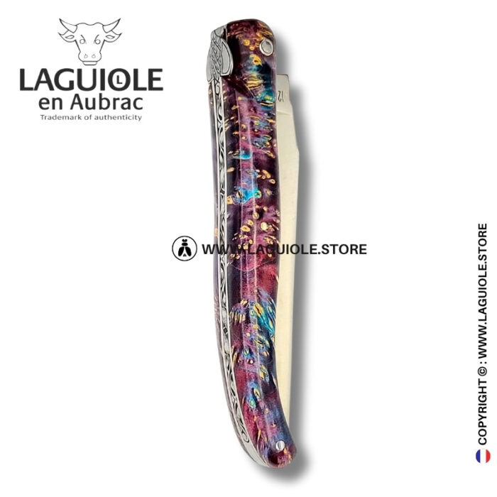 indigo forest: laguiole pocket knife in violet and brown elder burl – full handle – sculpted bee