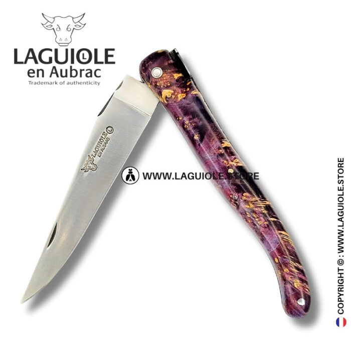 indigo forest: laguiole pocket knife in violet and brown elder burl – full handle – sculpted bee