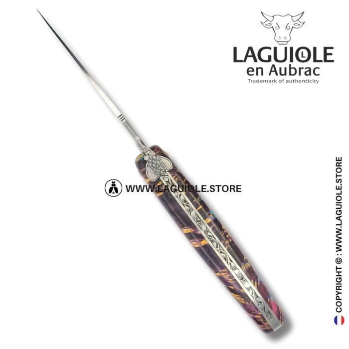 indigo forest: laguiole pocket knife in violet and brown elder burl – full handle – sculpted bee