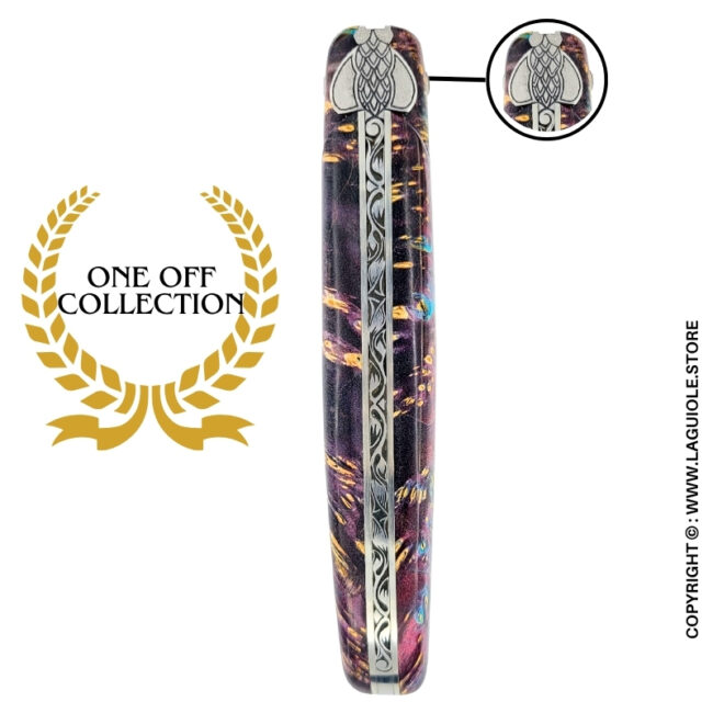 indigo forest: laguiole pocket knife in violet and brown elder burl – full handle – sculpted bee