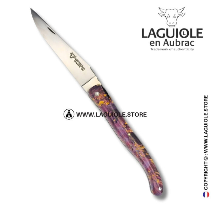 indigo forest: laguiole pocket knife in violet and brown elder burl – full handle – sculpted bee
