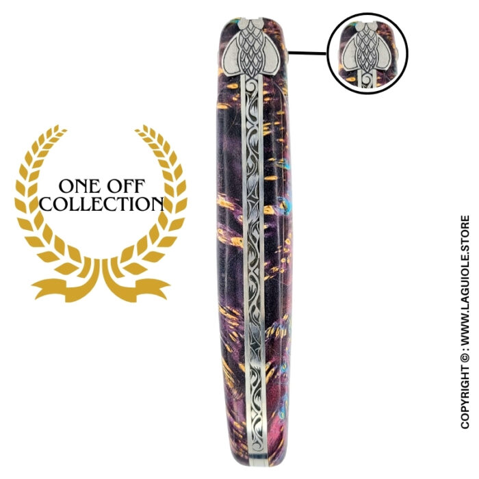 indigo forest: laguiole pocket knife in violet and brown elder burl – full handle – sculpted bee