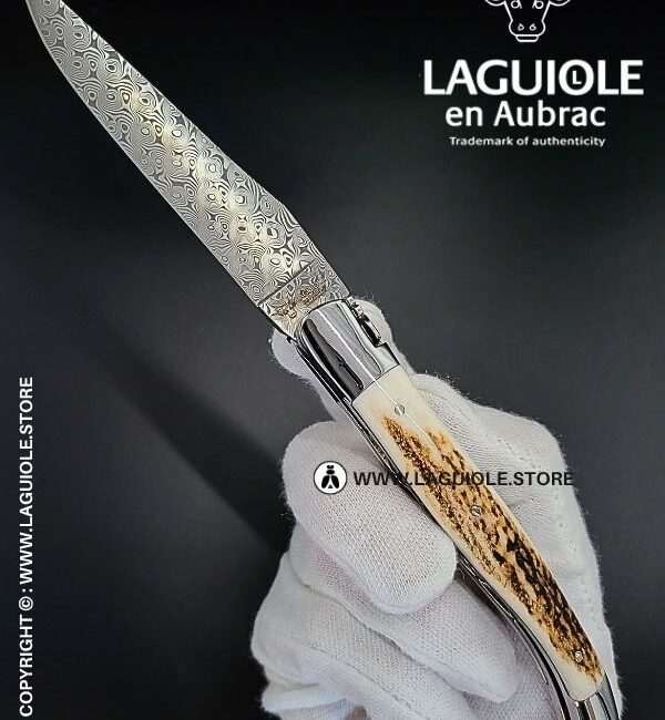 laguiole pocket knife – damascus balbach blade & double liners – deer horn
