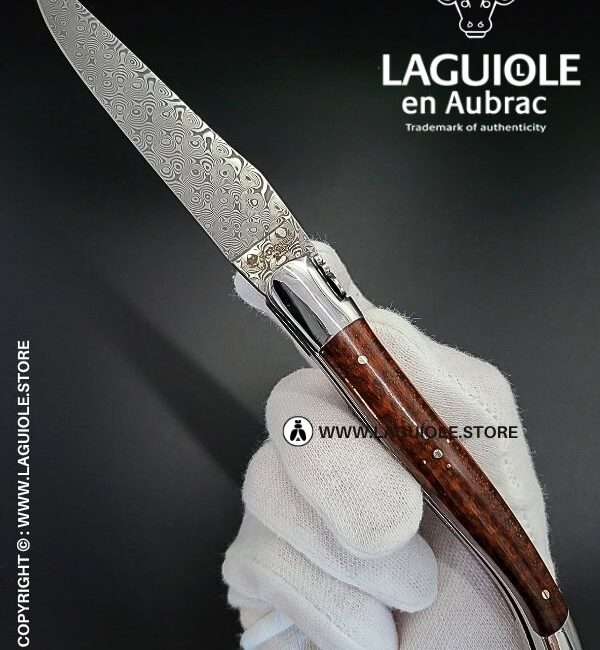 laguiole pocket knife – damascus balbach blade & double liners – snakewood