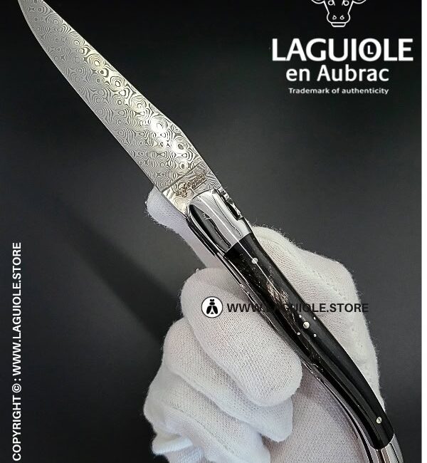 laguiole pocket knife – damascus balbach blade & double liners – buffalo horn