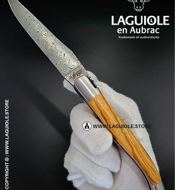 laguiole pocket knife – damascus balbach blade & double liners – olivewood