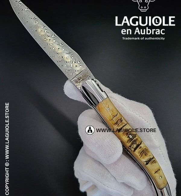 laguiole pocket knife – damascus balbach blade & double liners – ram horn