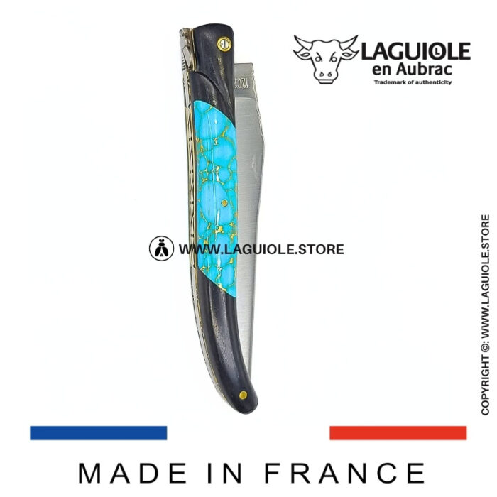 laguiole knife – nox pretiosa collection – ebony & turquoise – brass liners