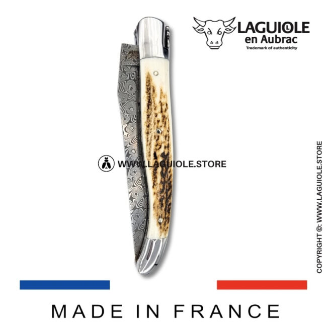 laguiole pocket knife – damascus balbach blade & double liners – deer horn