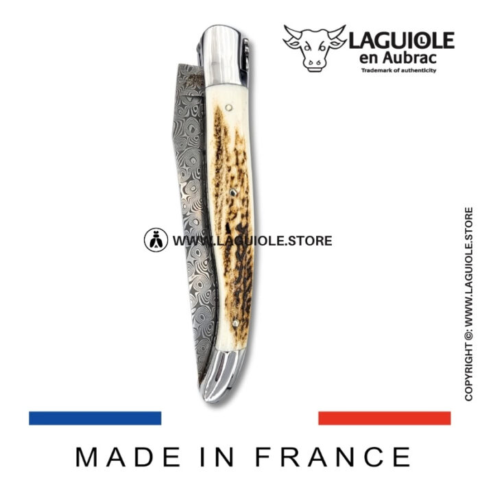 laguiole pocket knife – damascus balbach blade & double liners – deer horn