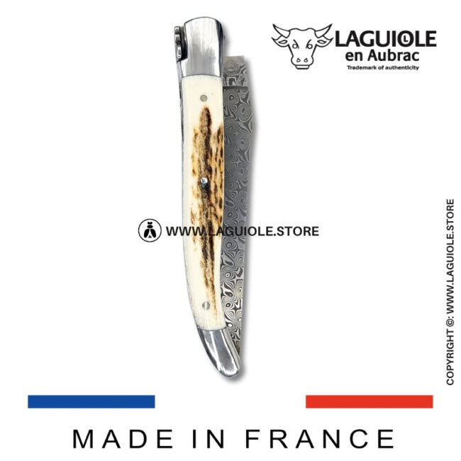 laguiole pocket knife – damascus balbach blade & double liners – deer horn