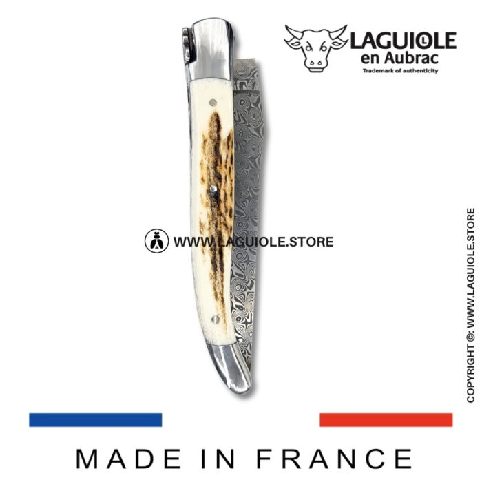 laguiole pocket knife – damascus balbach blade & double liners – deer horn