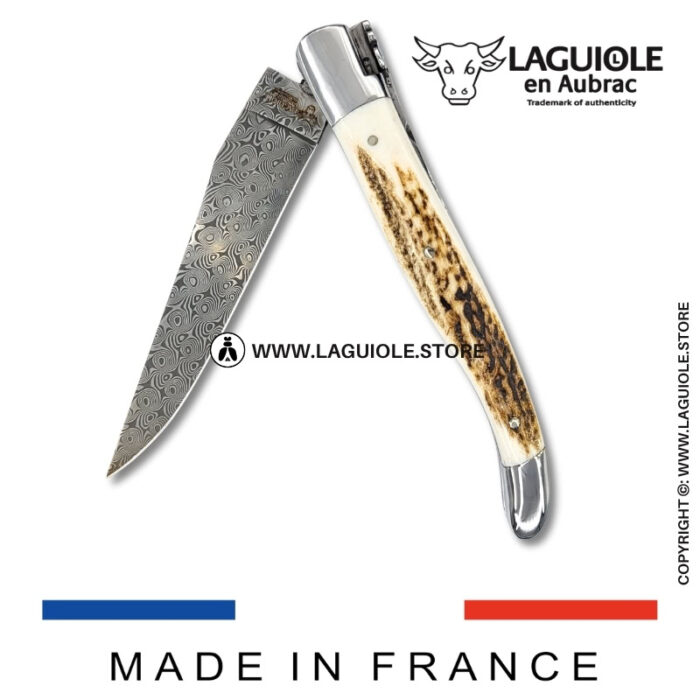 laguiole pocket knife – damascus balbach blade & double liners – deer horn