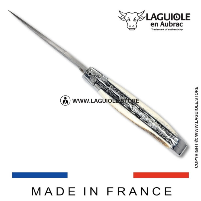 laguiole pocket knife – damascus balbach blade & double liners – deer horn