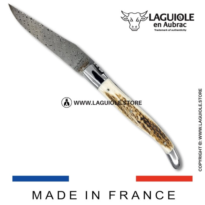 laguiole pocket knife – damascus balbach blade & double liners – deer horn