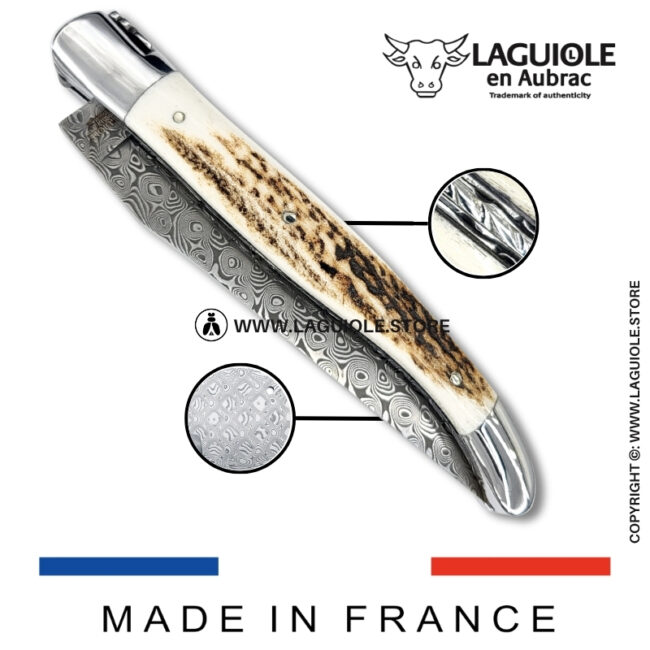 laguiole pocket knife – damascus balbach blade & double liners – deer horn