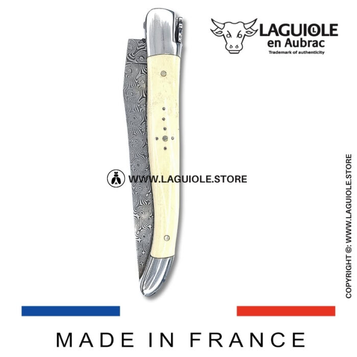 laguiole pocket knife – damascus balbach blade & double liners – mammoth ivory