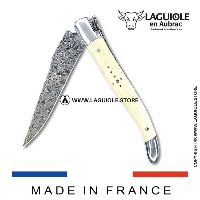 laguiole pocket knife – damascus balbach blade & double liners – mammoth ivory