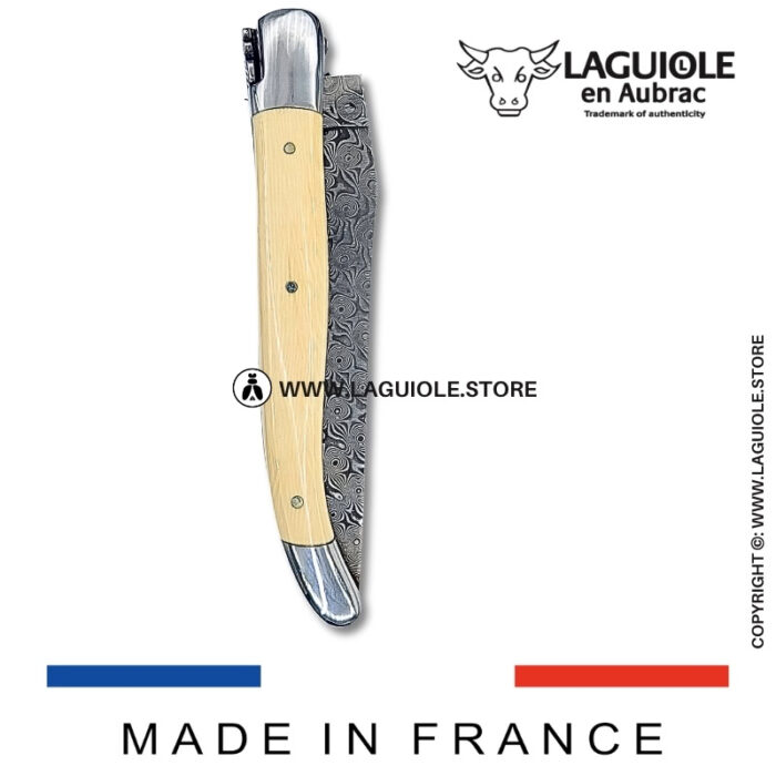 laguiole pocket knife – damascus balbach blade & double liners – mammoth ivory