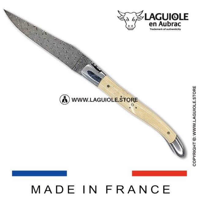 laguiole pocket knife – damascus balbach blade & double liners – mammoth ivory