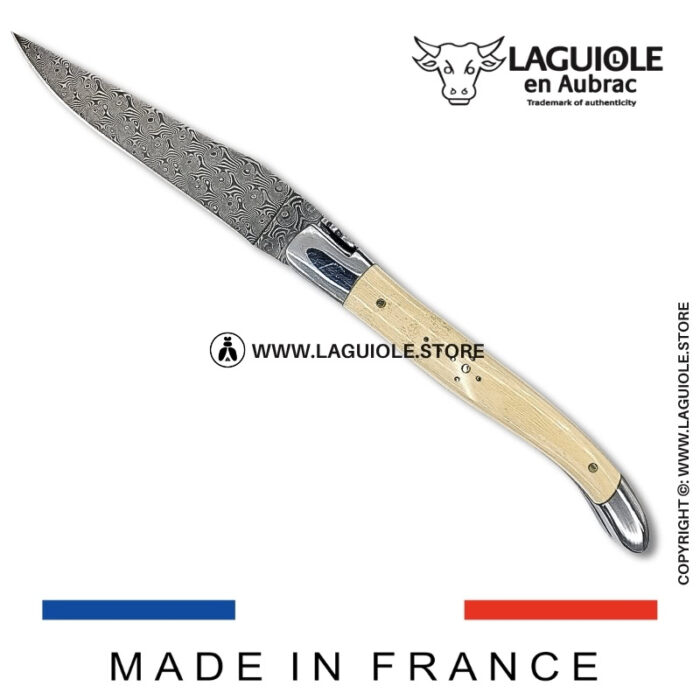 laguiole pocket knife – damascus balbach blade & double liners – mammoth ivory