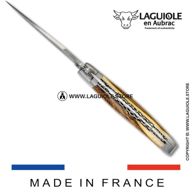 laguiole pocket knife – damascus balbach blade & double liners – pistachio wood