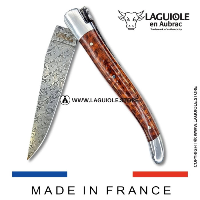laguiole pocket knife – damascus balbach blade & double liners – snakewood