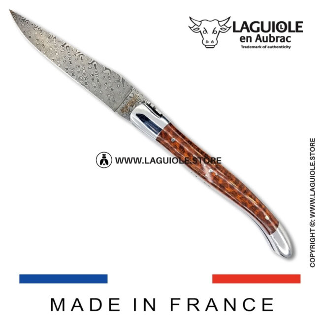 laguiole pocket knife – damascus balbach blade & double liners – snakewood
