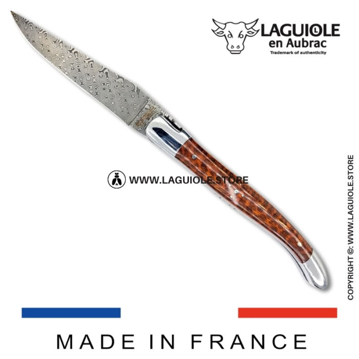 laguiole pocket knife – damascus balbach blade & double liners – snakewood