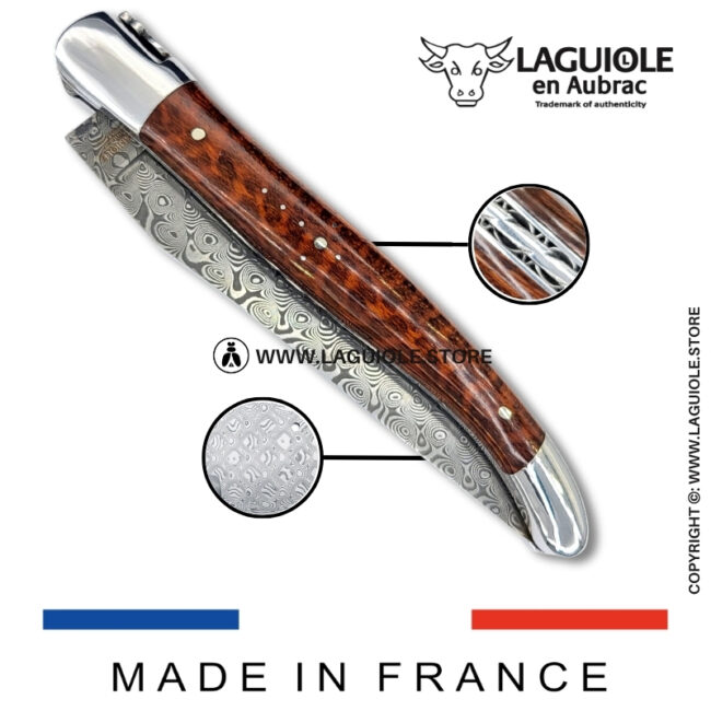 laguiole pocket knife – damascus balbach blade & double liners – snakewood