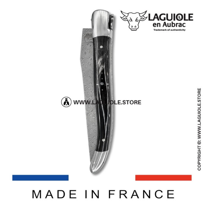 laguiole pocket knife – damascus balbach blade & double liners – buffalo horn