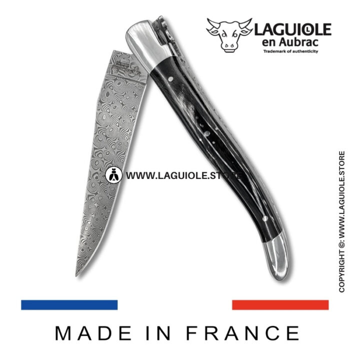 laguiole pocket knife – damascus balbach blade & double liners – buffalo horn