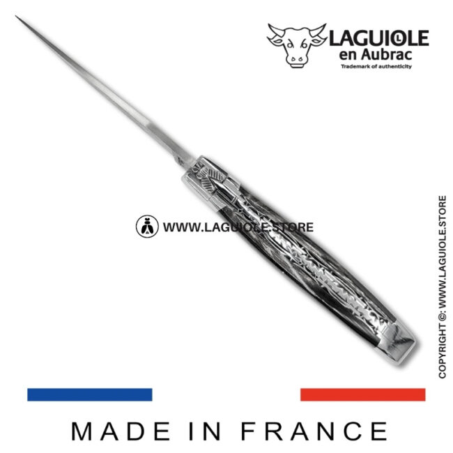 laguiole pocket knife – damascus balbach blade & double liners – buffalo horn