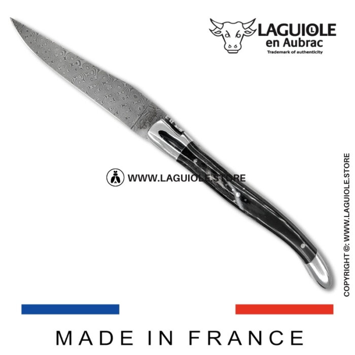 laguiole pocket knife – damascus balbach blade & double liners – buffalo horn